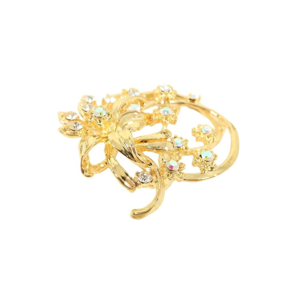 Vintage Gold Tone Clear & Aurora Borealis Foral Flower Looped Brooch Pin 2" - Picture 4 of 6